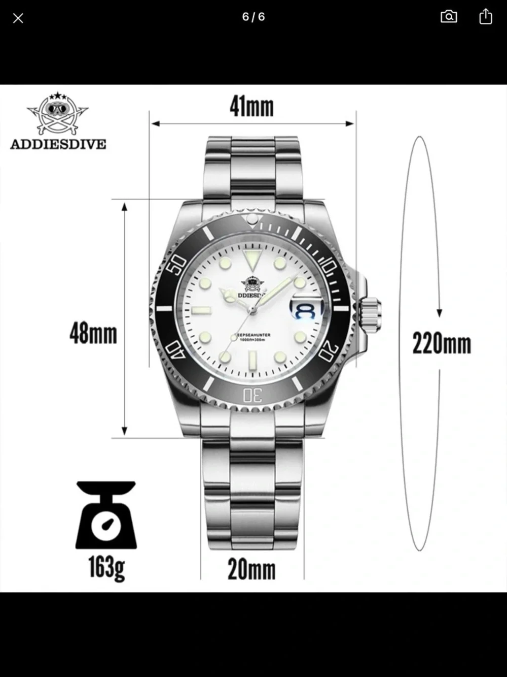 New ADDIESDIVE Stainless Steel Dive Watch - White Dial, Black Bezel